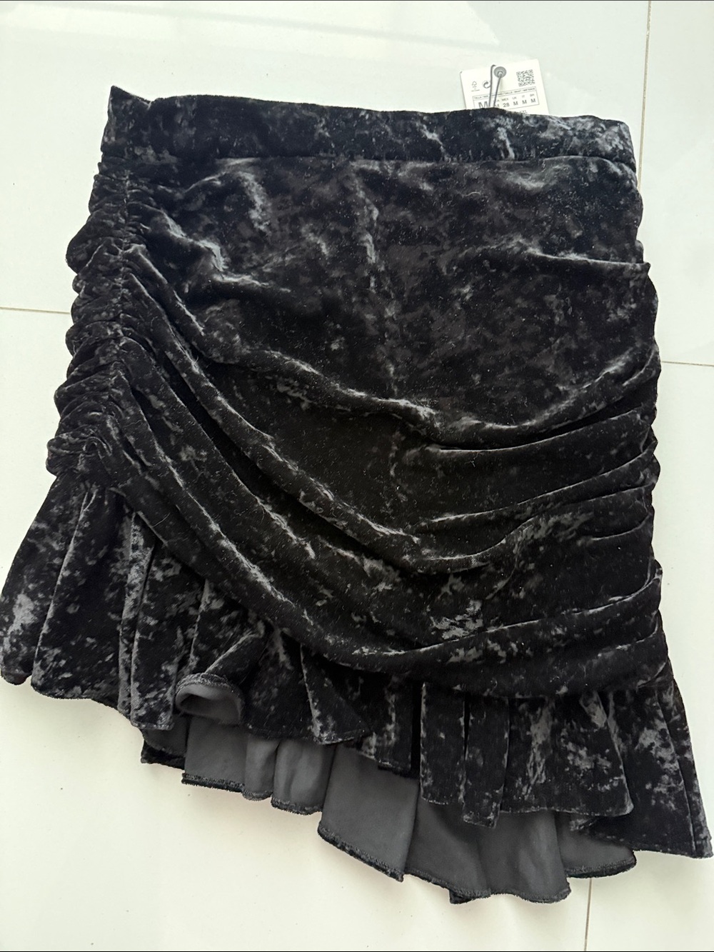 Zara Black Crushed Velvet Ruched Mini Skirt
